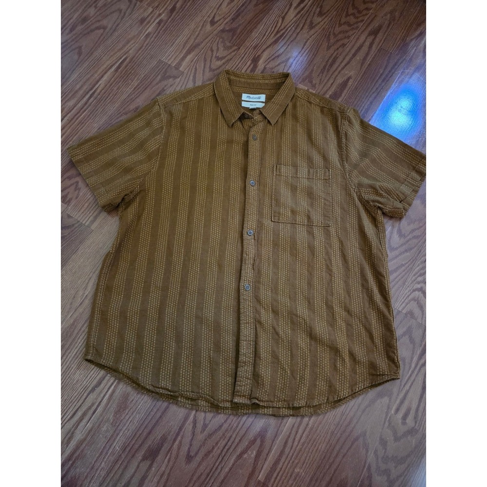 Madewell Mens Easy Fit Short Sleeve Button Down Shirt Brown Textured Stripe L